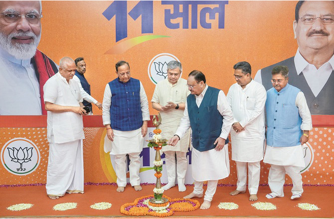 JP Nadda during a function at BJP headquarters in New Delhi to mark the completion of 11 years of the government. Photo: PTI