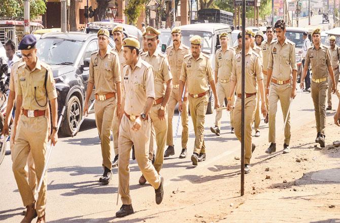 Police are deployed outside Ramji Lal Saman`s residence in Agra. (PTI)