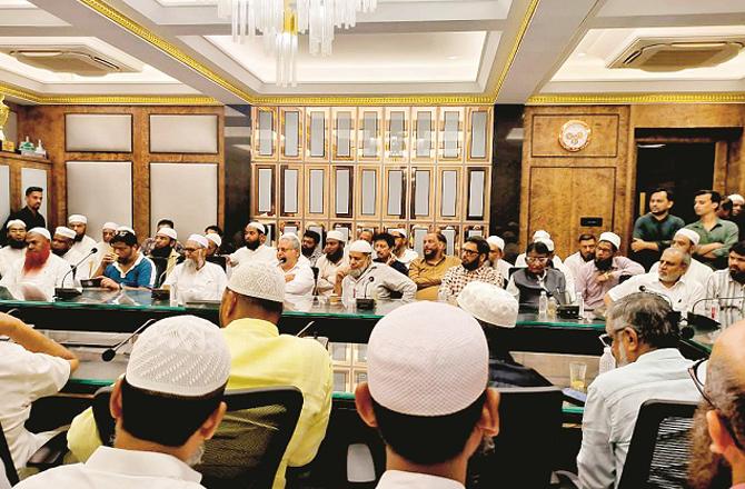 Participants in a meeting held at Islam Gymkhana regarding the loudspeaker issue. Photo: INN