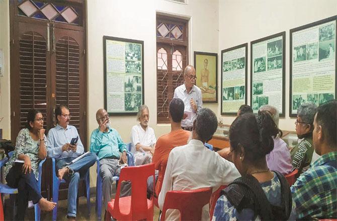 Participants in a meeting held at Mahatma Gandhi Book Center expressing their views on the Pahalgam attack.