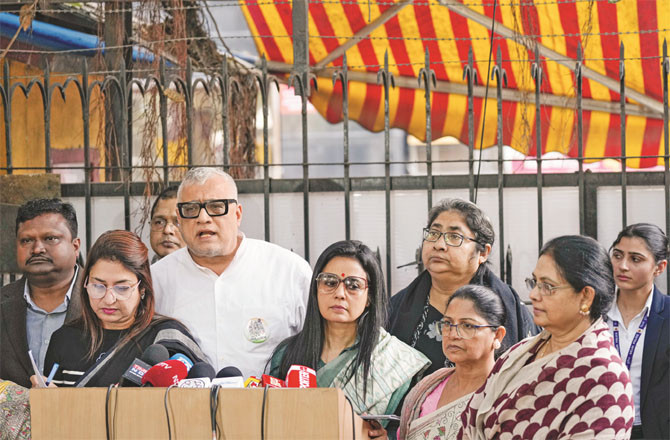 Members of the TMC delegation talking to the media after meeting the Election Commission. (PTI)