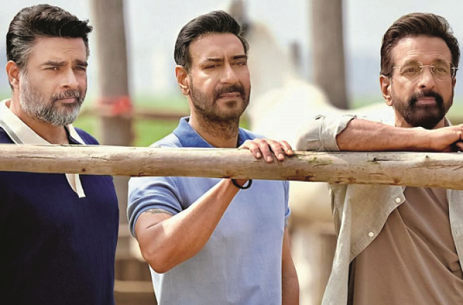 Javed Jaffrey, Ajay Devgn and R Madhavan can be seen in a scene from the film `De De Pyaar De 2`. Photo: INN