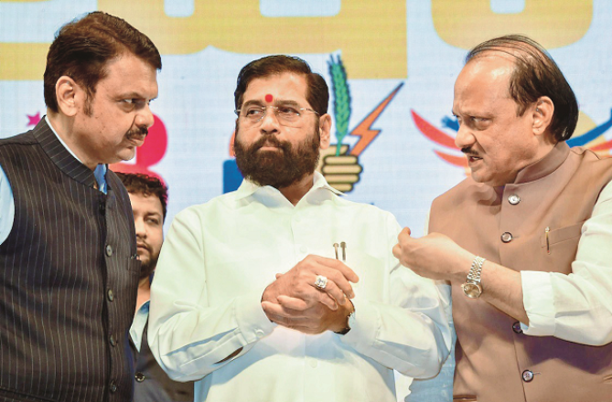 From right: Ajit Pawar, Eknath Shinde and Devendra Fadnavis. Photo: INN