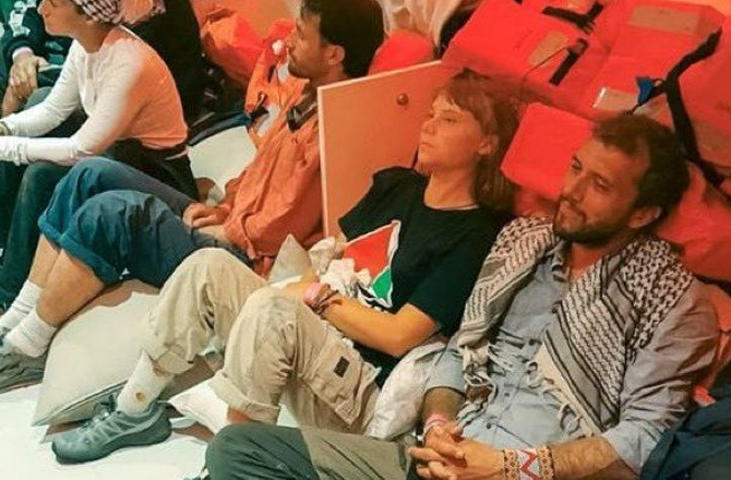 Greta Thunberg and other activists in Israeli detention. Photo: X