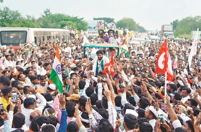 Bachchu Kadru can be seen riding a tractor among the protesters. Bachchu Kadru can be seen riding a tractor among the protesters.
