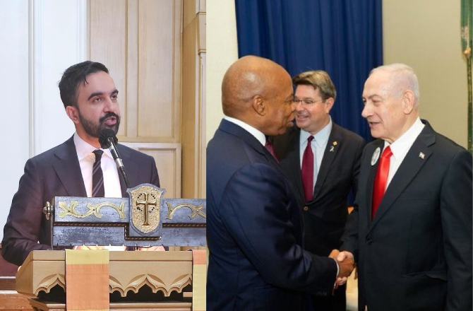 Eric Adams welcoming Netanyahu. Zohran Mamdani (left).Photo: X