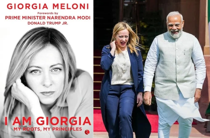 PM Modi with Meloni. Cover of the Indian edition of Meloni`s book. Photo: X