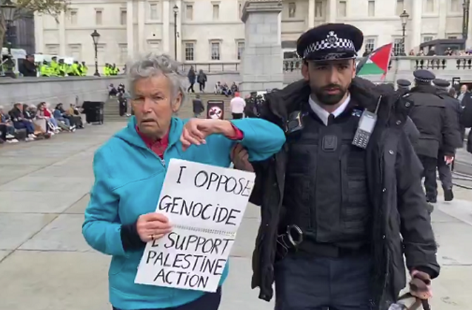 A pro-Palestinian protester is arrested and taken away by police. Photo: X