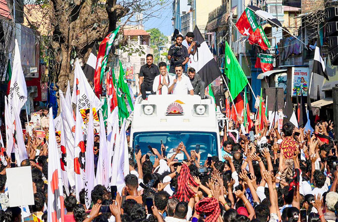 Tamil Nadu Chief Minister MK Stalin during a roadshow on the last day of election campaigning on Tuesday. (PTI)