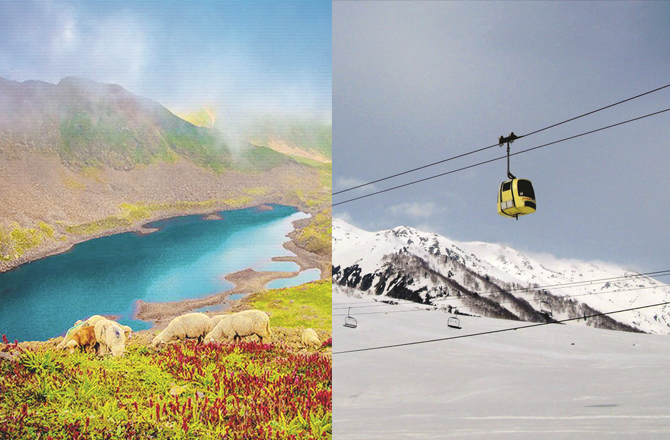 In the first picture, a gondola can be seen passing over the snow-capped valleys of Gulmarg, while the second picture has a picturesque view of Alpathar Lake. Photo: INN