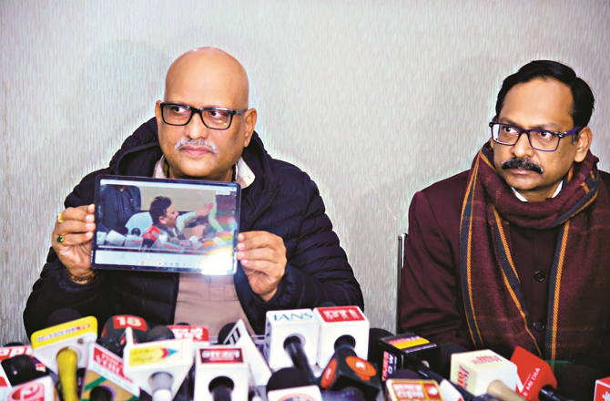 Congress leader Ajay Rai addressing a press conference in Lucknow. Picture: INN