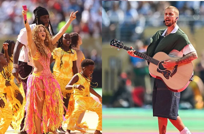 Justin Bieber can be seen performing in the first picture, while Shakira can be seen performing in the second picture. Photo: INN