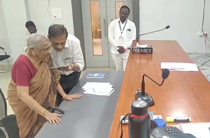 Mahalakshmi presenting her petition before the Collector. Photo: X
