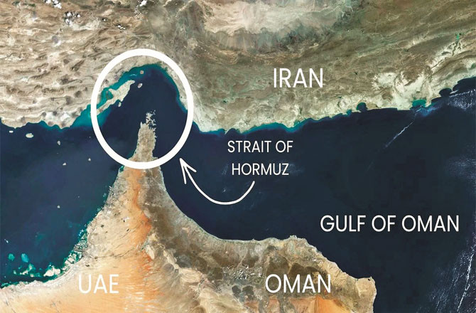 The circular part of the Strait of Hormuz is the narrow strip through which no ship currently dares to pass.
