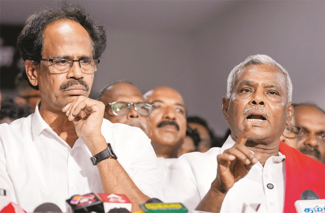 CPM General Secretary P Shanmugam (right) and CPI General Secretary M Veerapandiyan (left) in Tamil Nadu announce support for Vijay`s party.