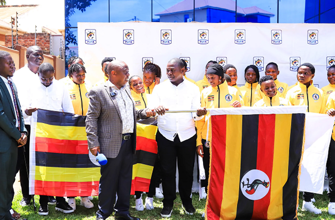 FUFA First Vice President Justice Mugisha sends off Kawimpe Muslim Ladies FC ahead of the CAF Women`s Champions League. Image: X