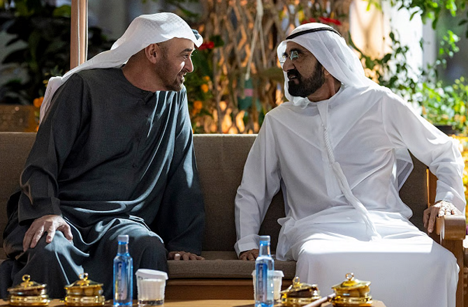 Sheikh Mohammed bin Rashid Al Maktoum in high spirits with Sheikh Zayed bin Sultan Al Nahyan. Photo: INN